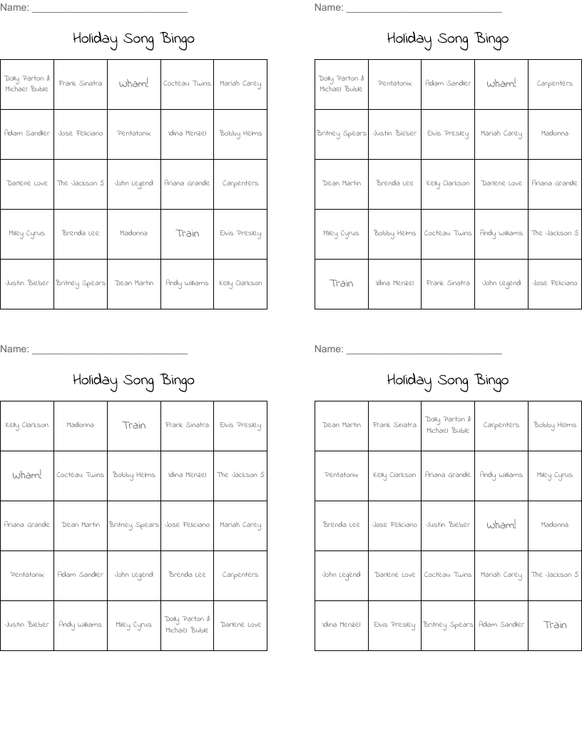 Holiday Song Bingo