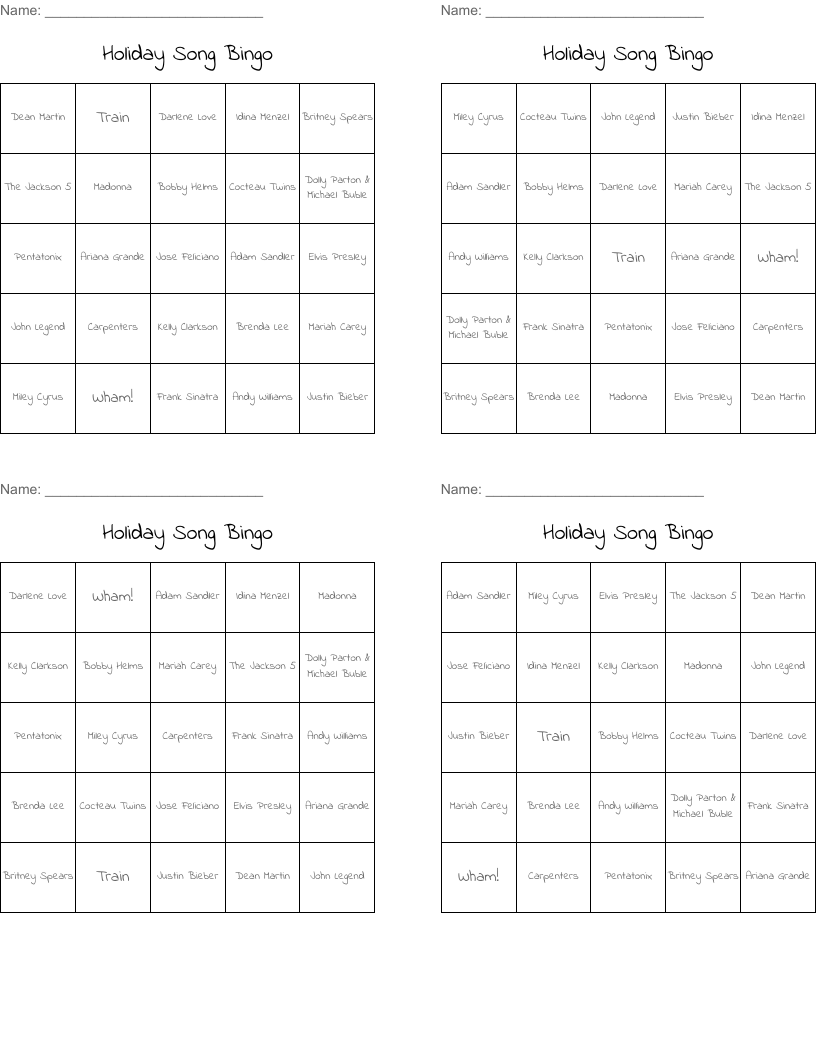 Holiday Song Bingo
