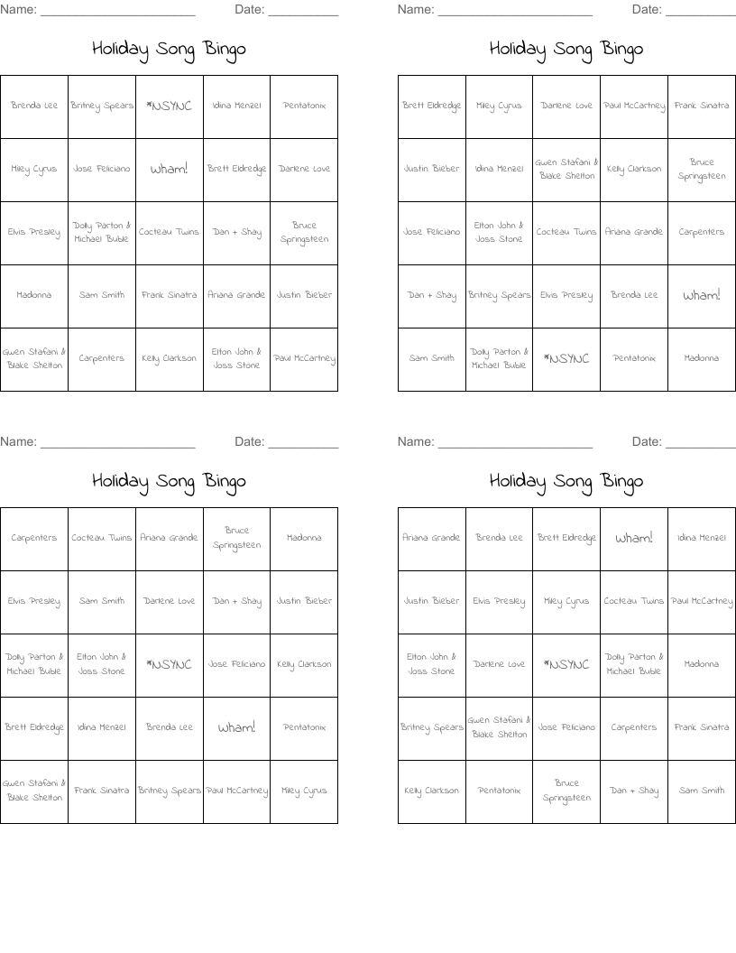 Holiday Song Bingo