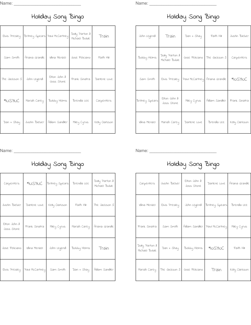 Holiday Song Bingo