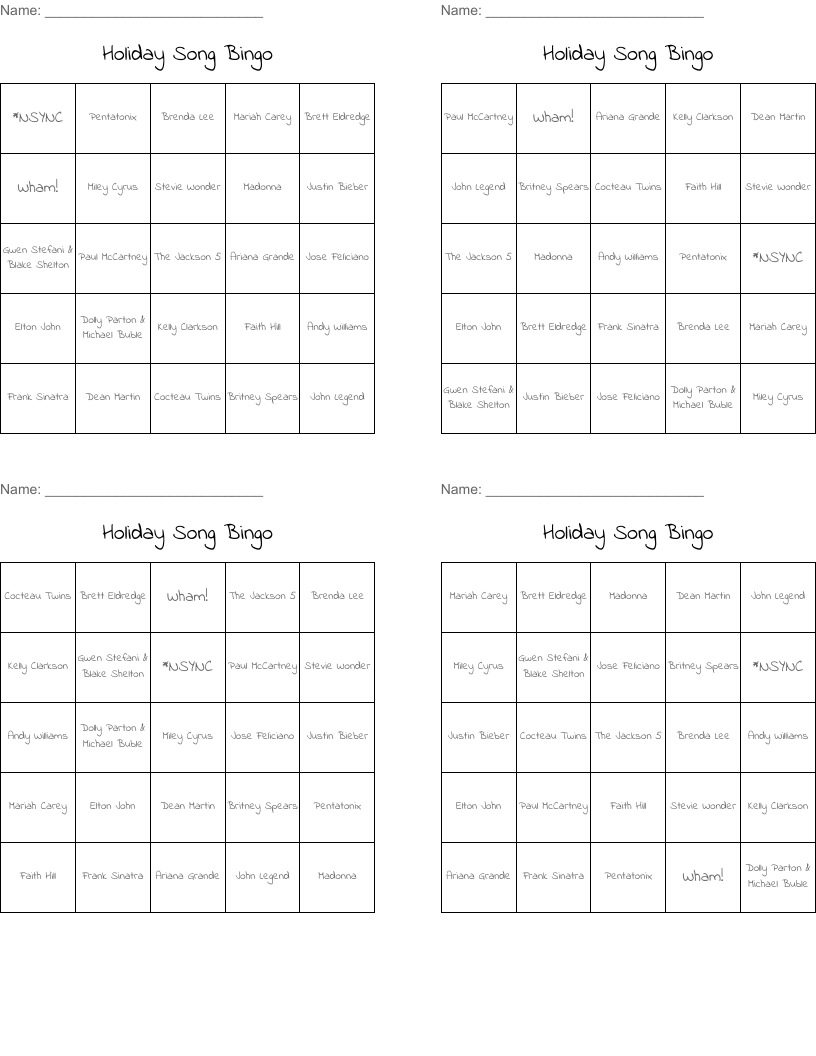 Holiday Song Bingo