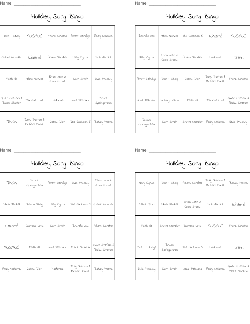 Holiday Song Bingo