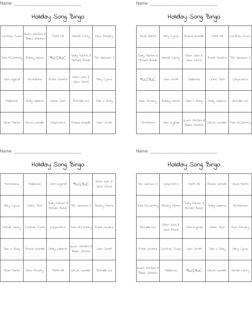 Holiday Song Bingo