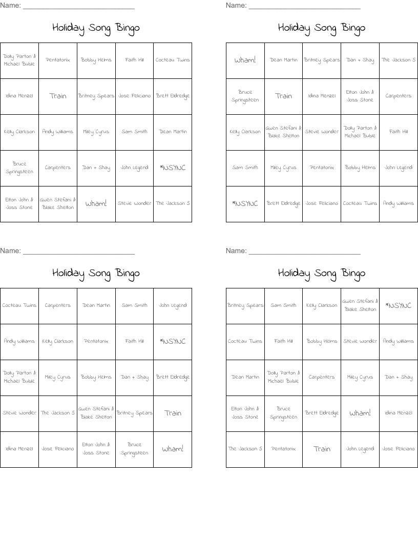 Holiday Song Bingo