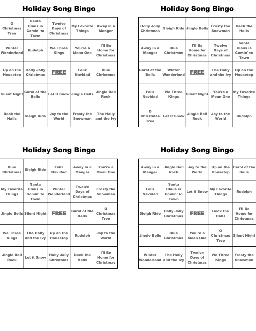 Holiday Song Bingo