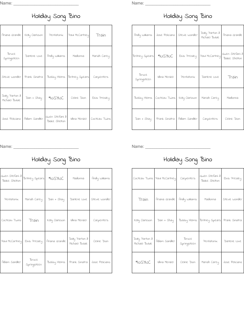Holiday Song Bino Bingo Cards