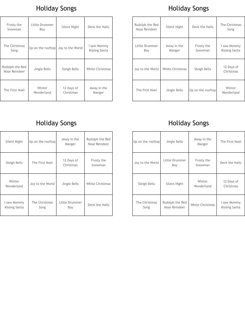 Holiday Songs Bingo Cards
