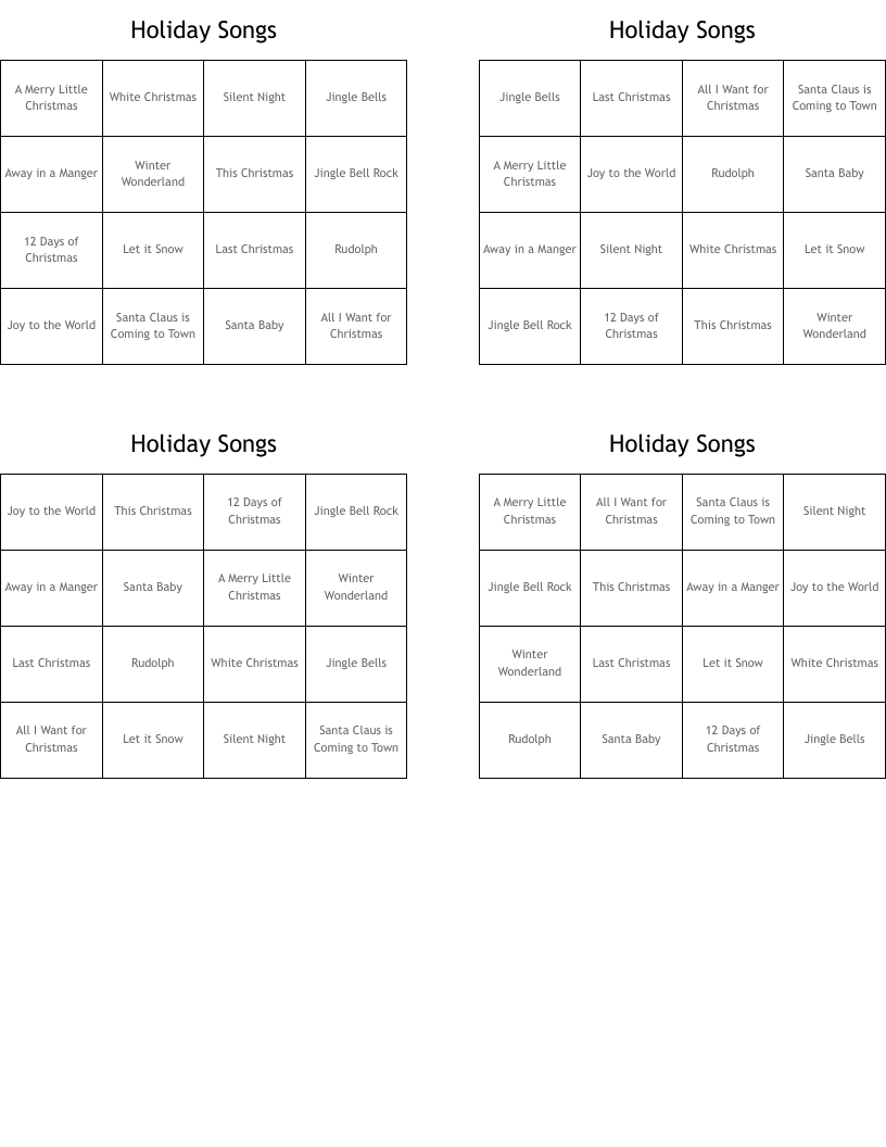 Holiday Songs Bingo Cards
