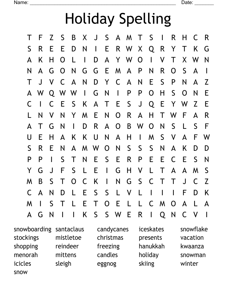 Holiday Spelling Word Search