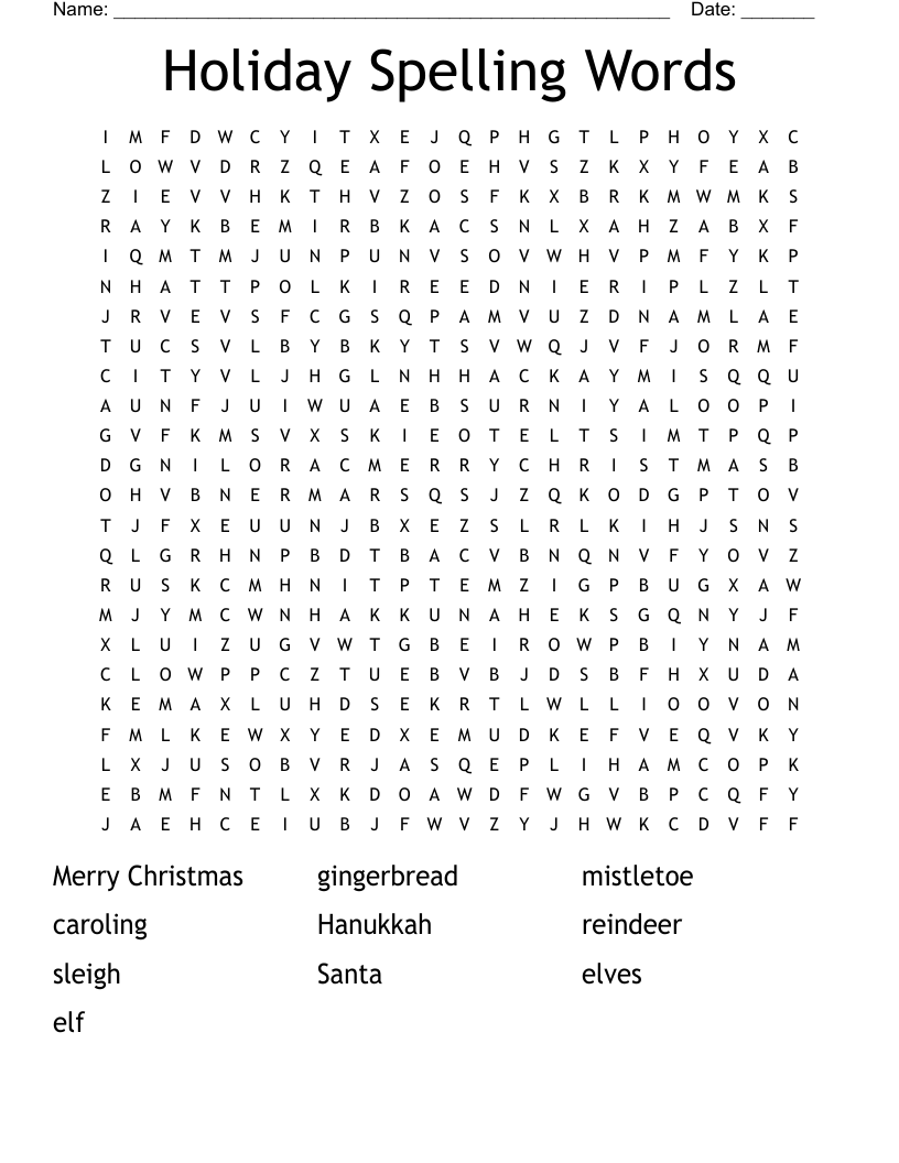Holiday Spelling Words Word Search