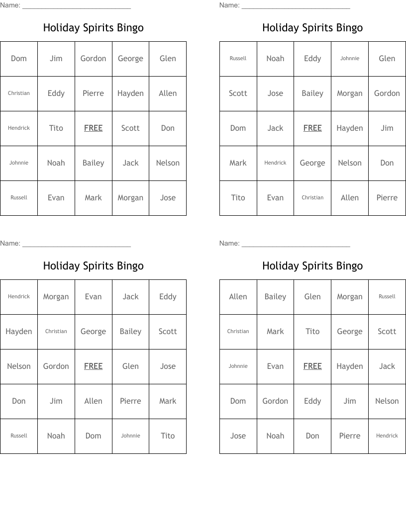 Holiday Spirits Bingo