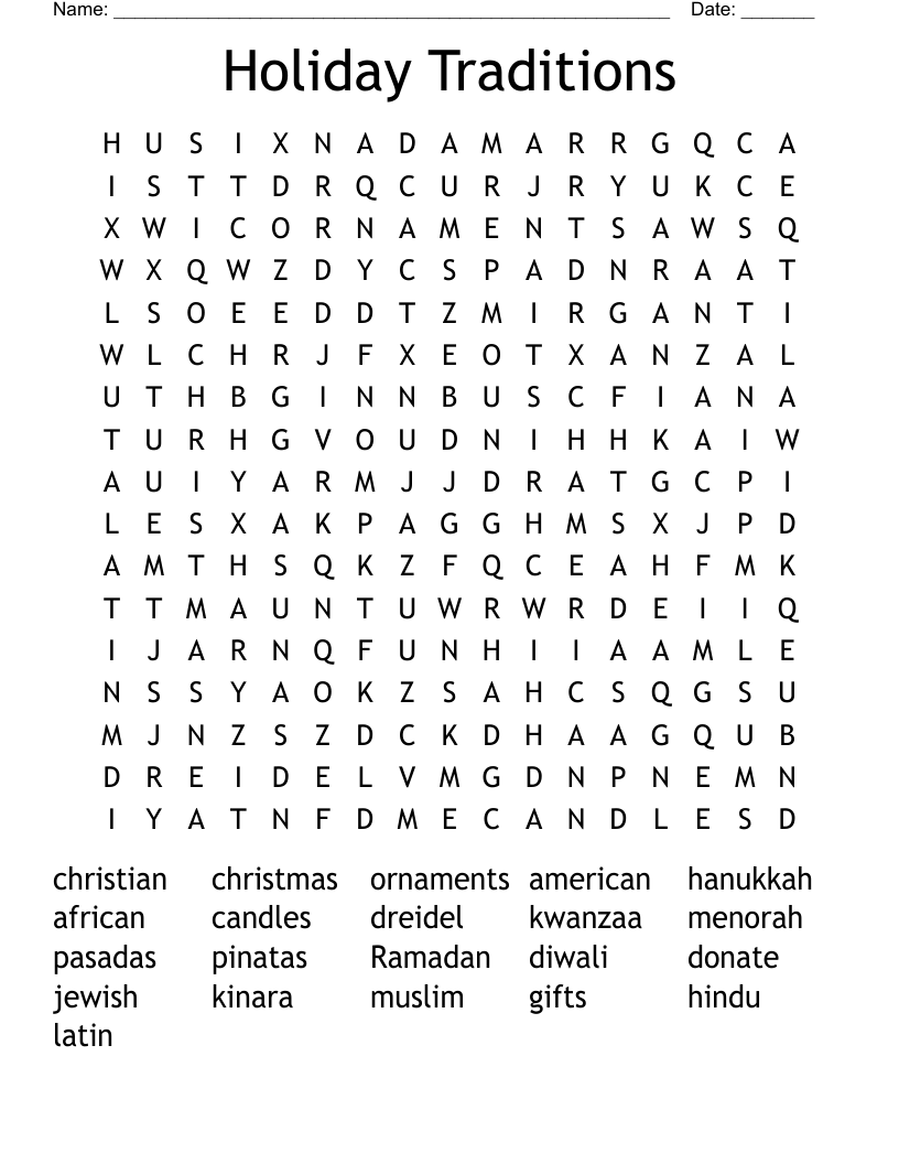 Holiday Traditions Word Search