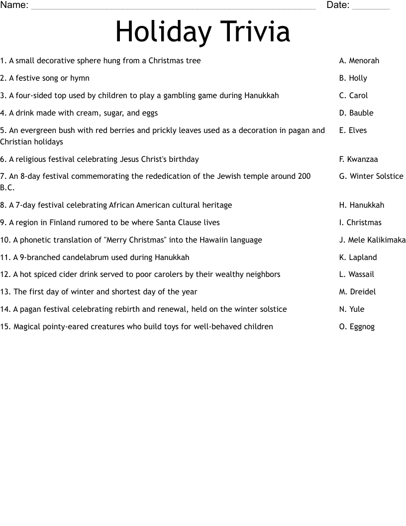 Holiday Trivia Worksheet