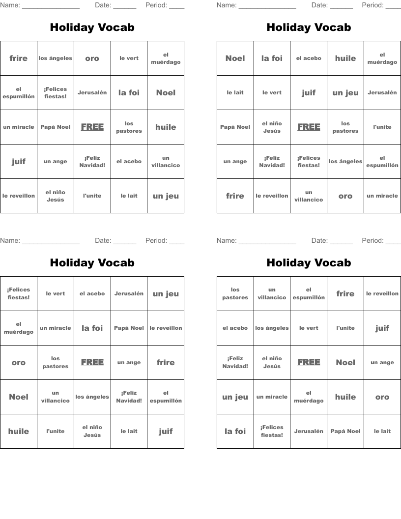 Holiday Vocab Bingo Cards