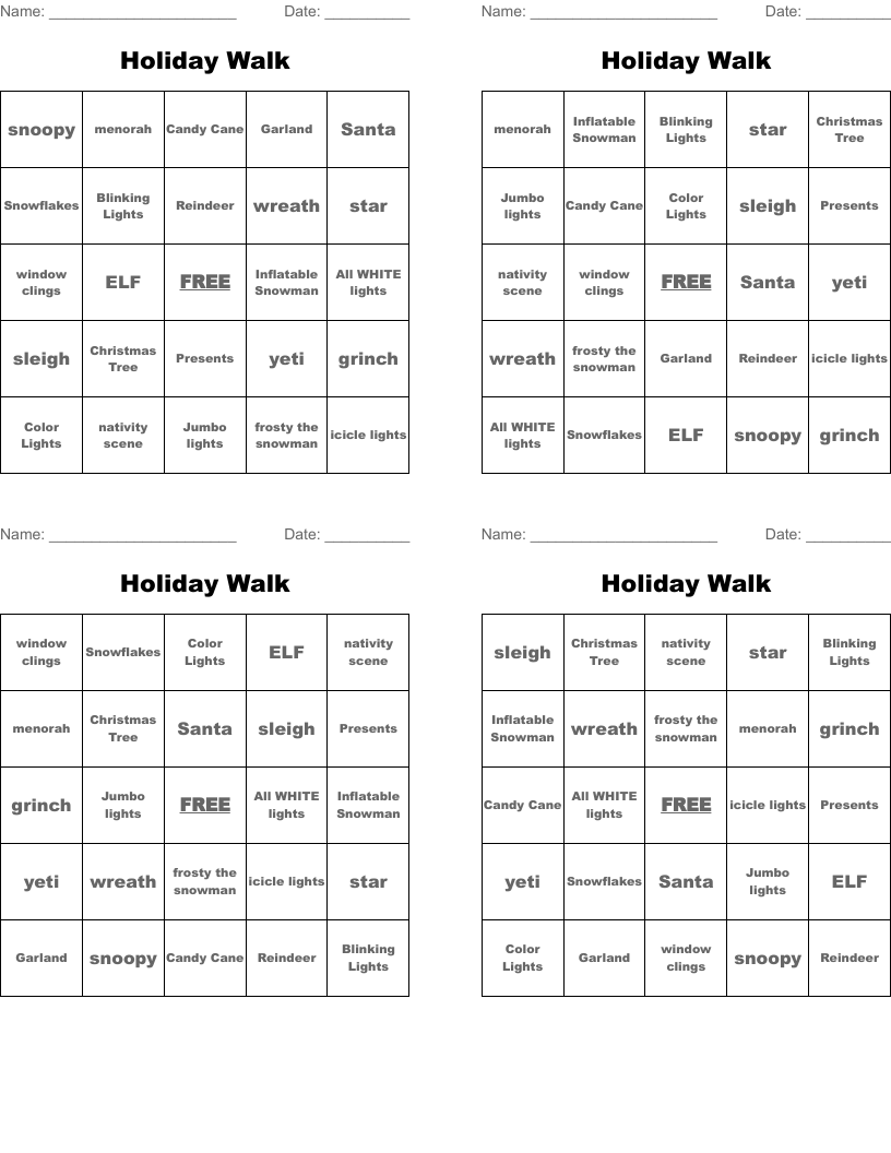 Holiday Walk Bingo Cards