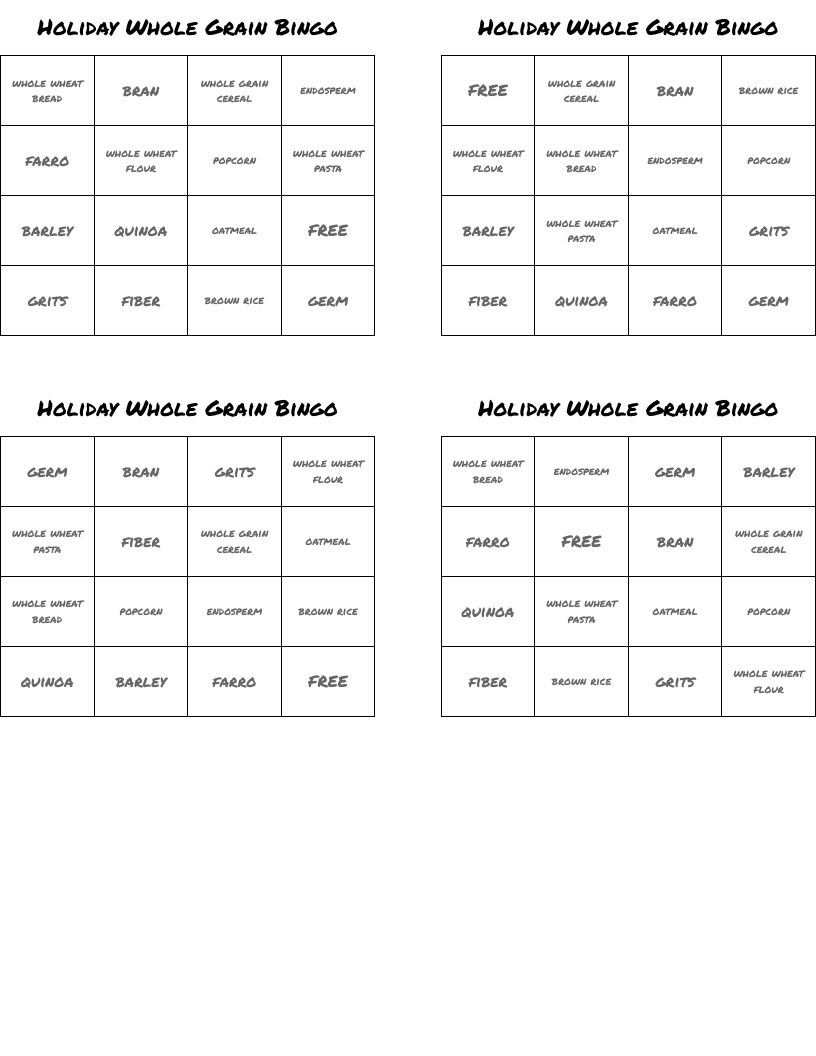 Holiday Whole Grain Bingo