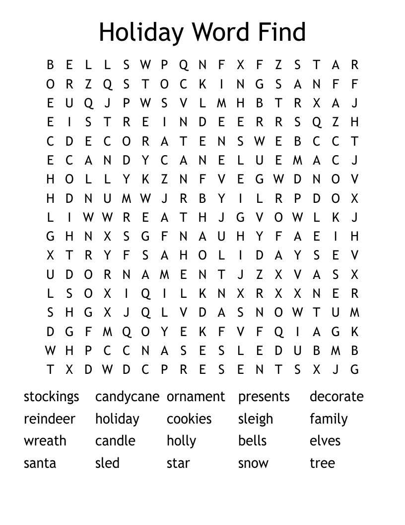 Holiday Word Find Word Search