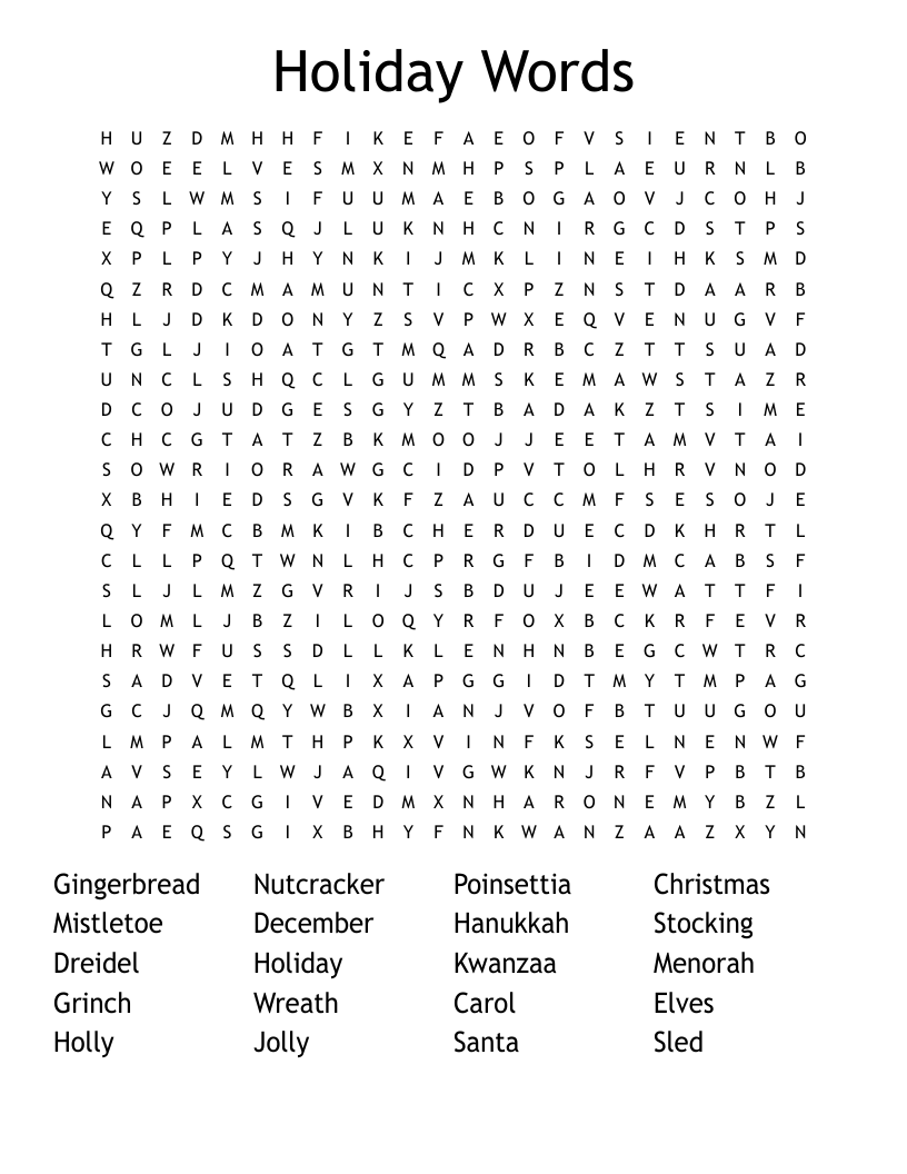 Holiday Words Word Search