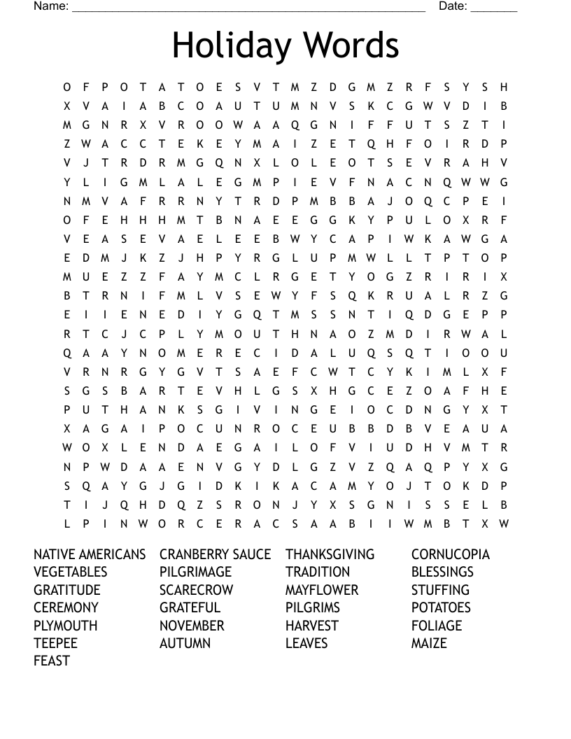 Holiday Words Word Search