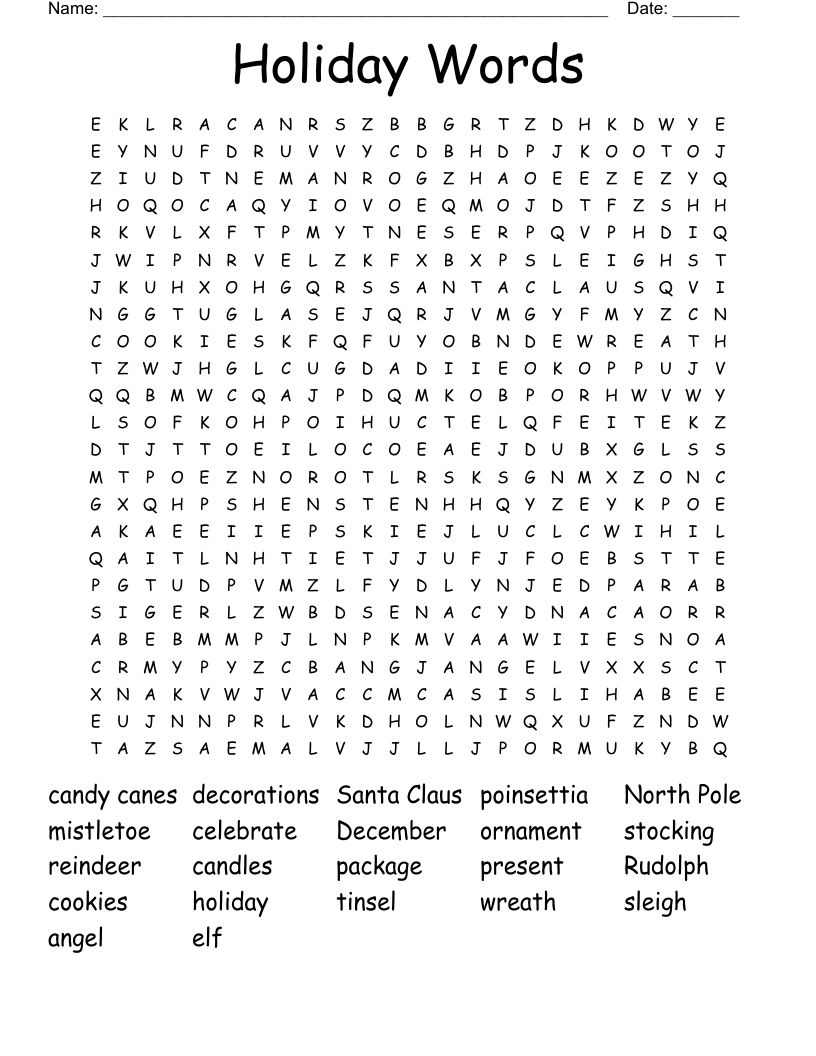 Holiday Words Word Search