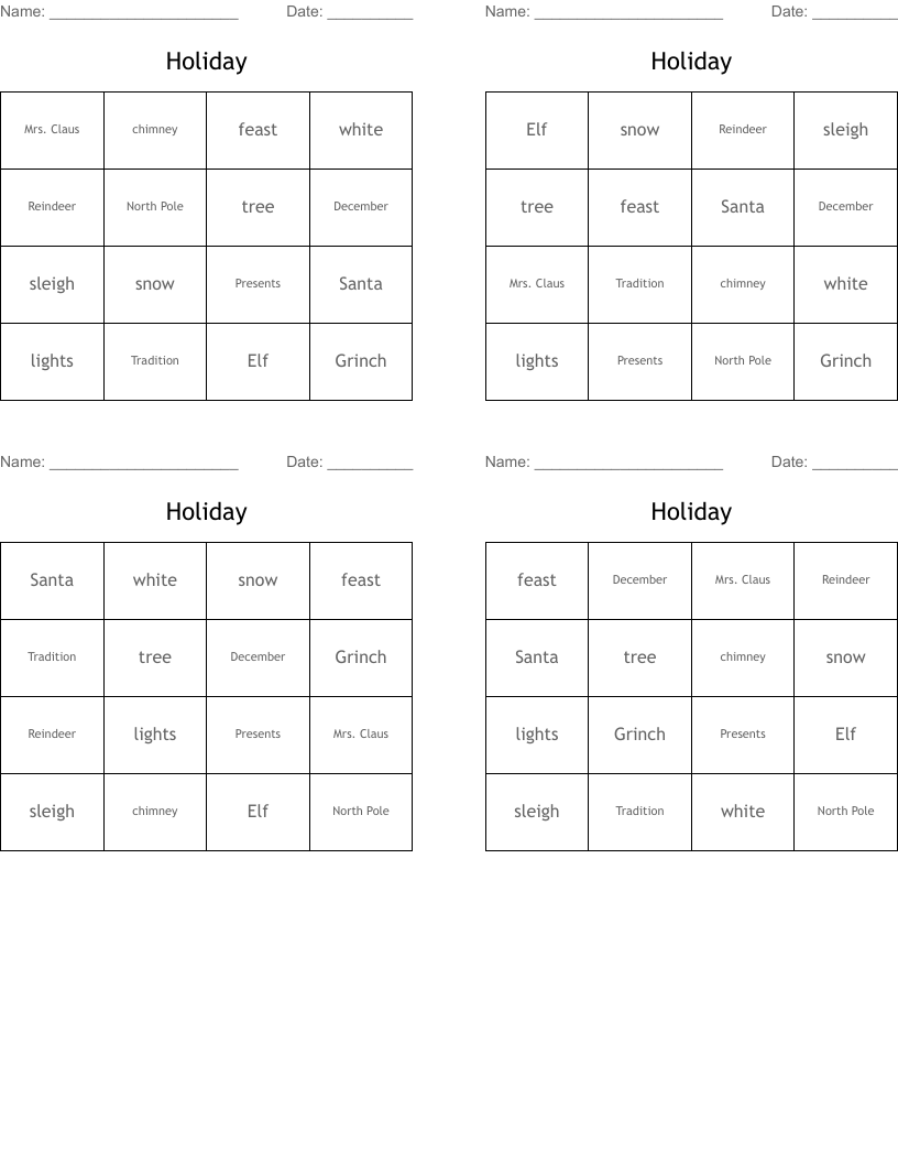 Holiday  Bingo Cards