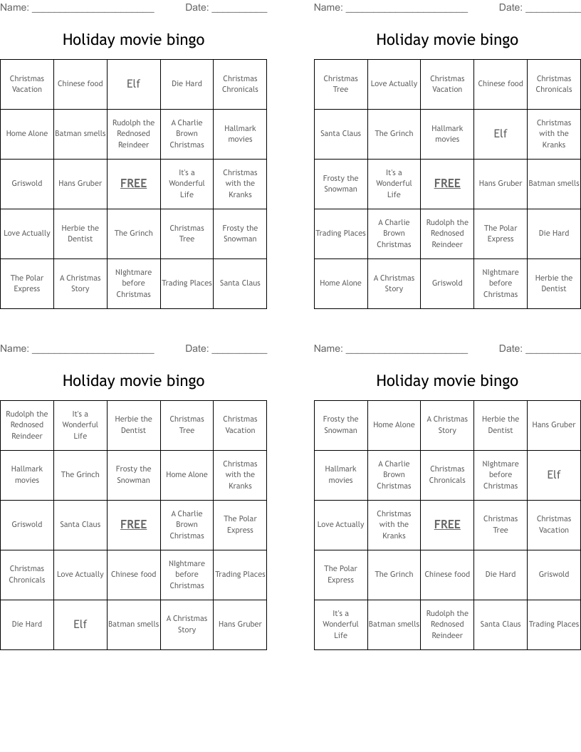 Holiday movie bingo