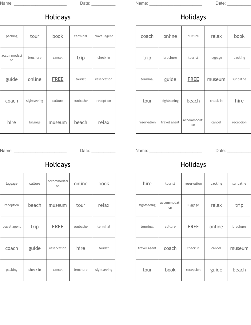 Holidays Bingo Cards