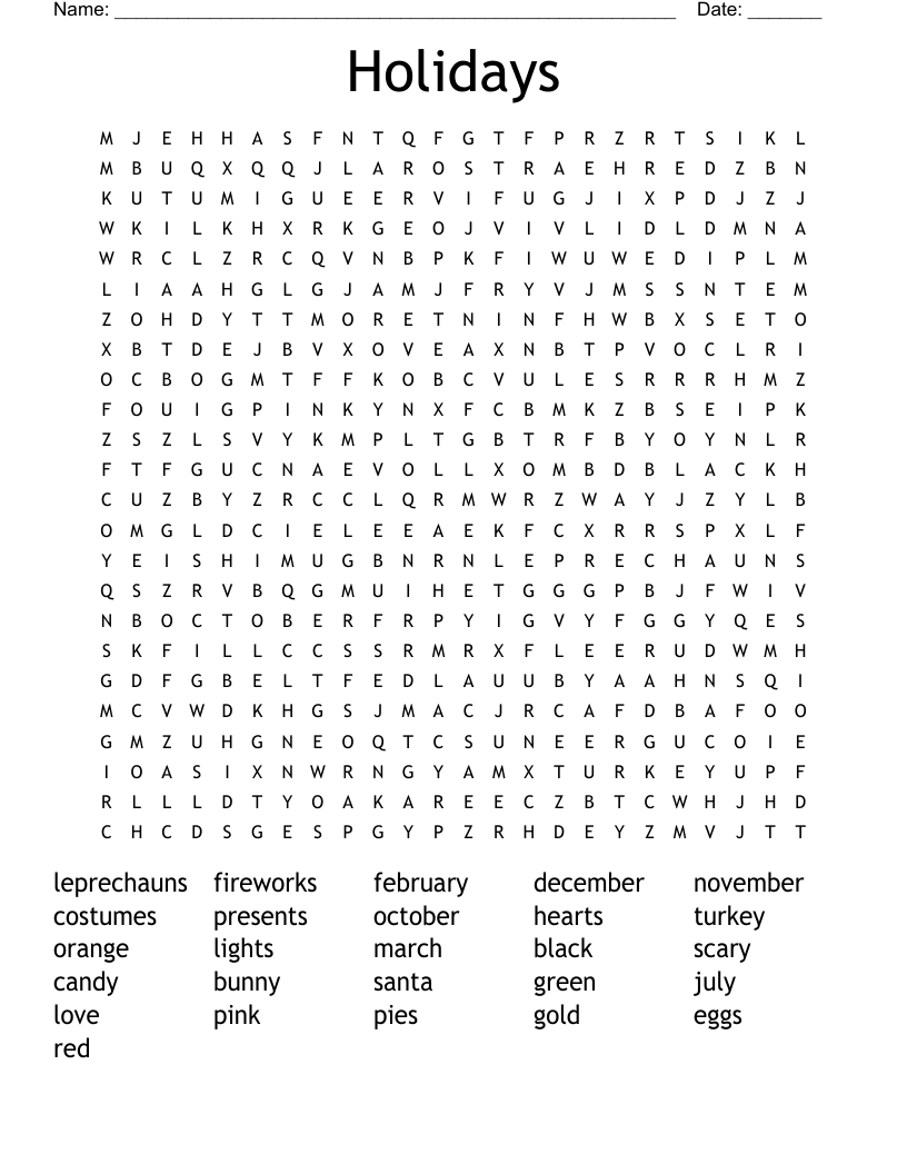 Holidays Word Search