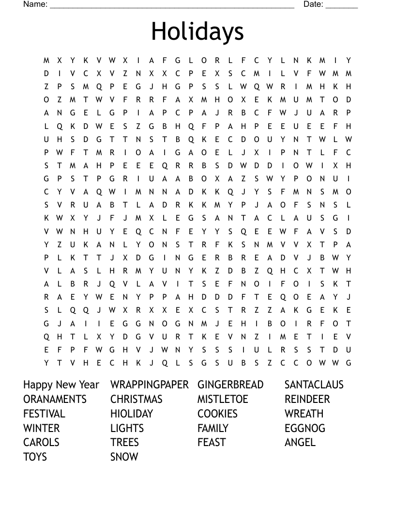 Holidays Word Search