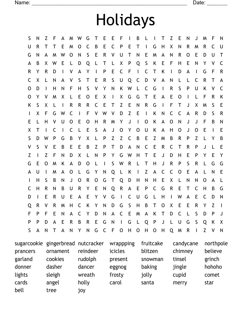 Holidays Word Search