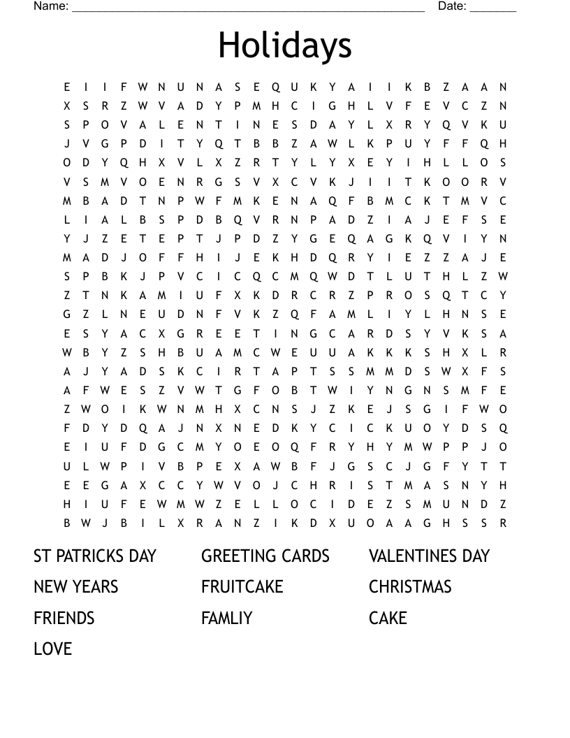 Holidays Word Search