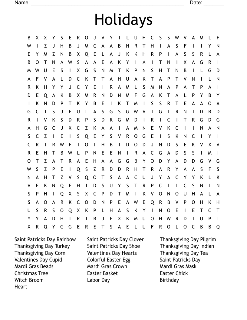 Holidays Word Search