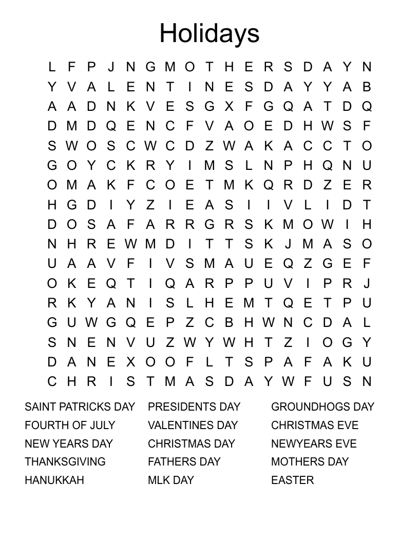 Holidays Word Search