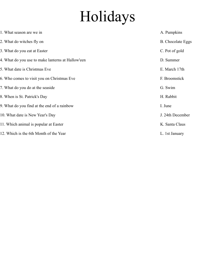 Holidays Worksheet
