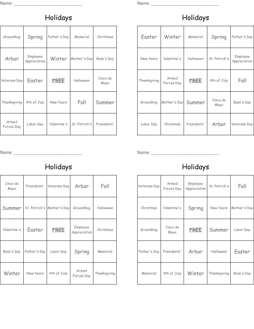Holidays Bingo Cards
