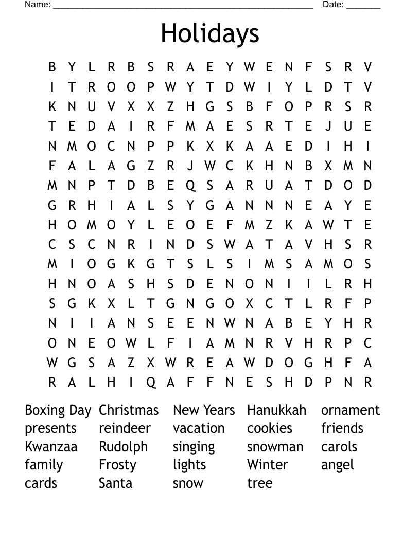 Holidays Word Search