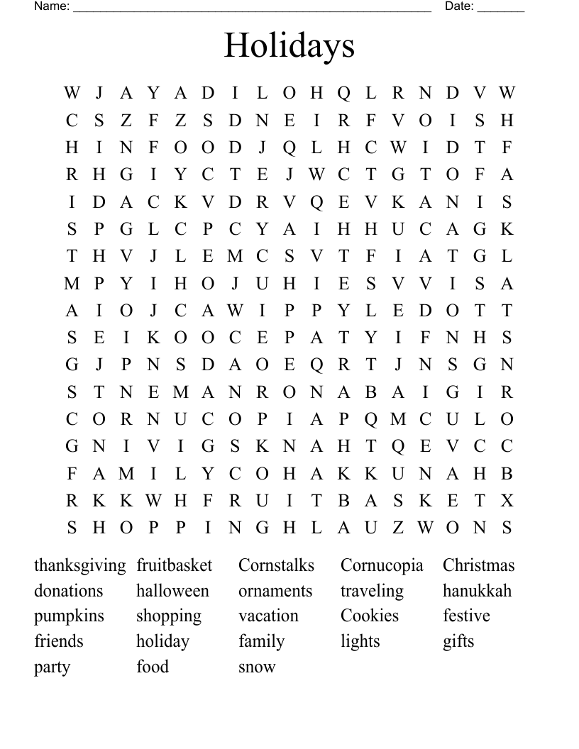 Holidays Word Search