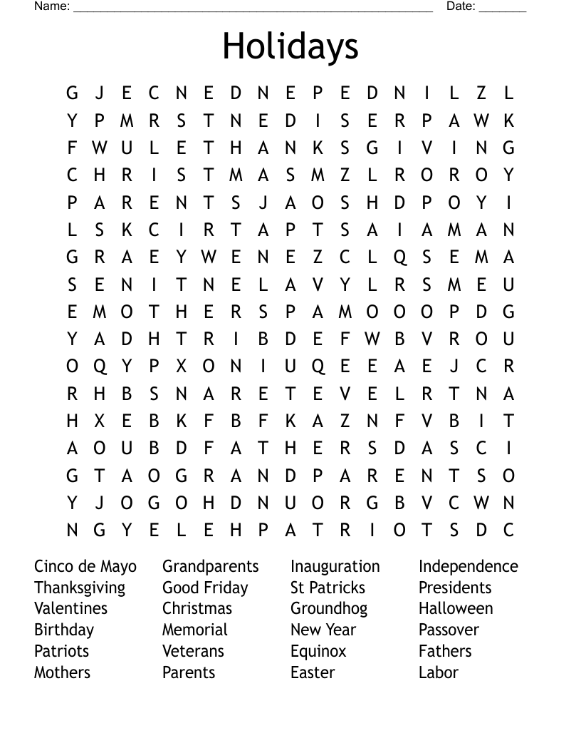 Holidays Word Search