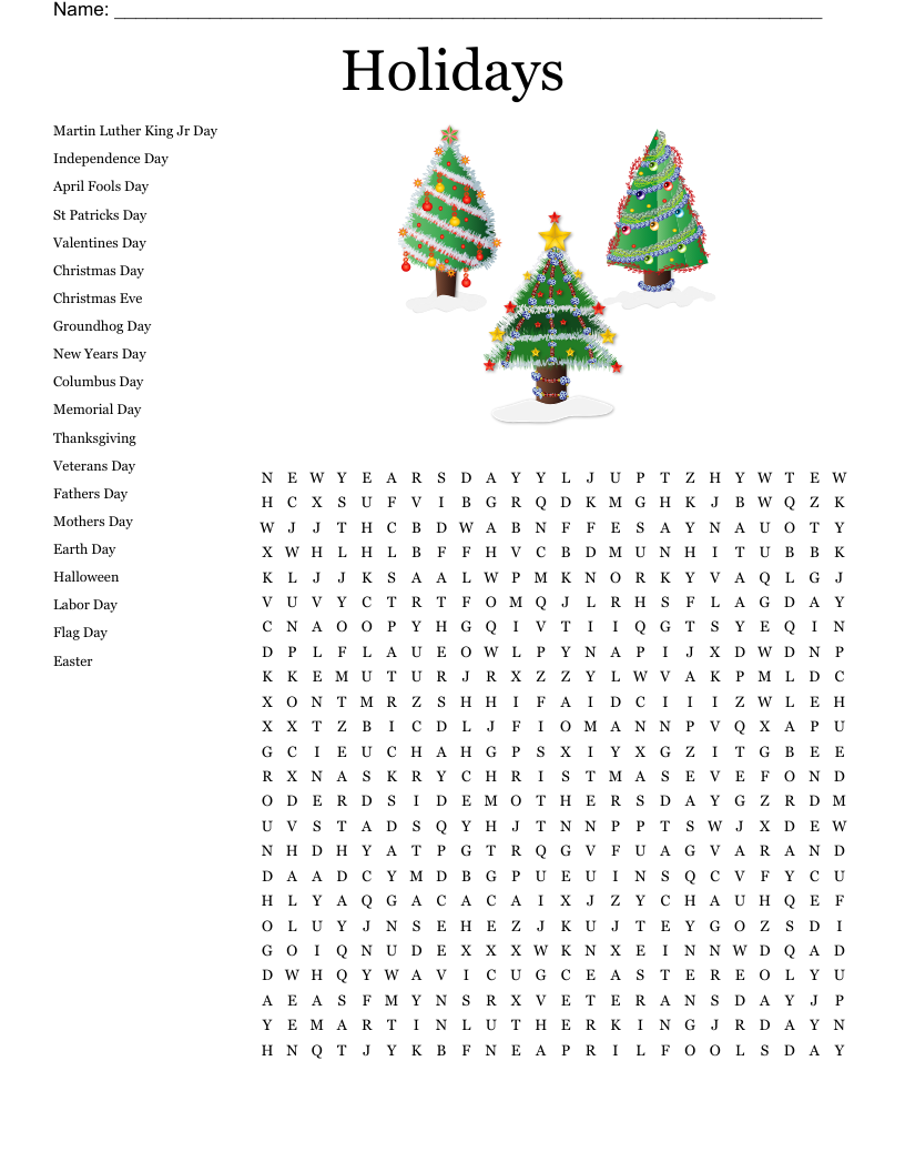 Holidays Word Search