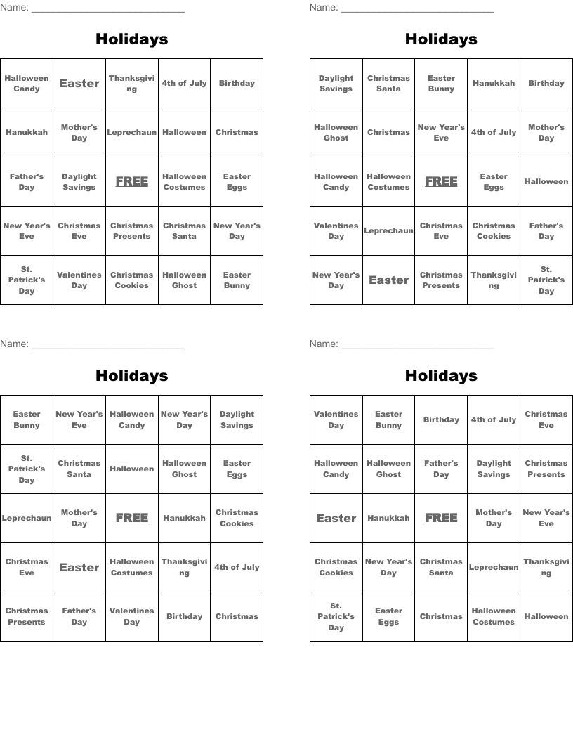 Holidays Bingo Cards