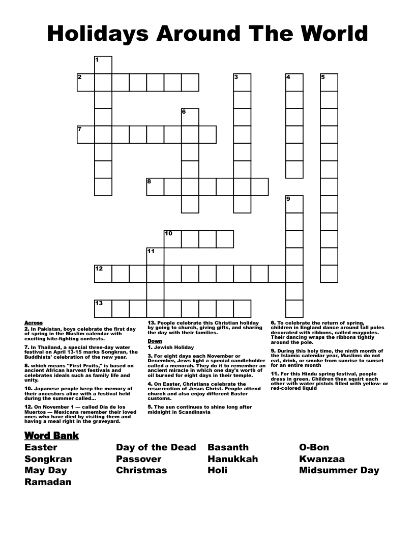 Holidays Around The World  Crossword