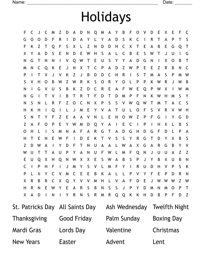 Holidays  Word Search