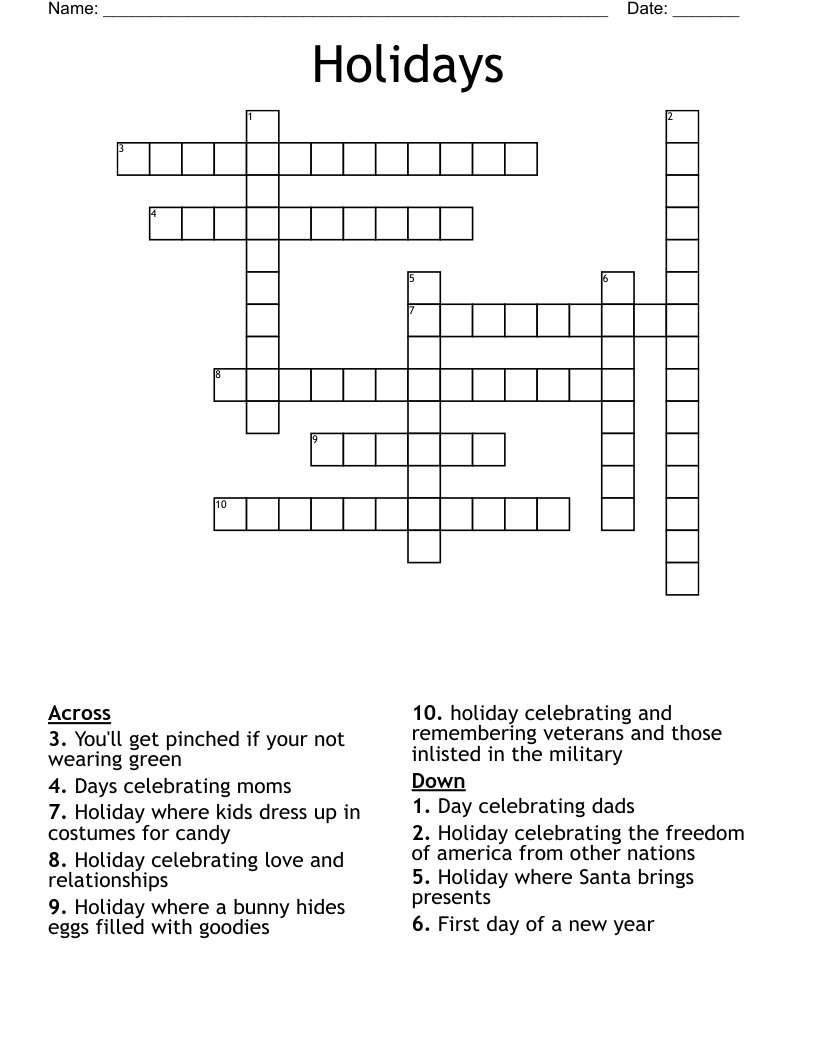Holidays  Crossword