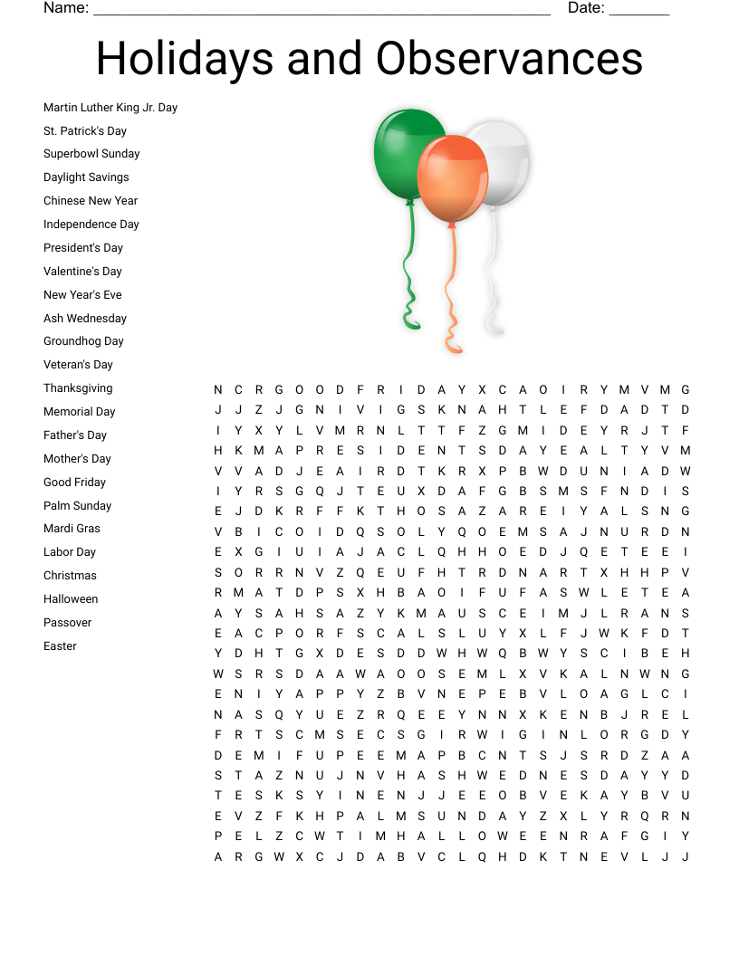 Holidays and Observances Word Search