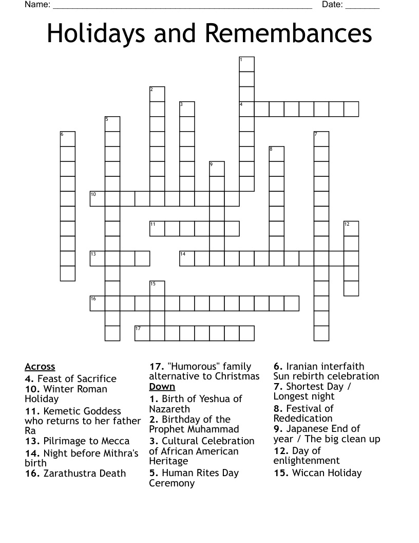 Holidays and Remembances Crossword