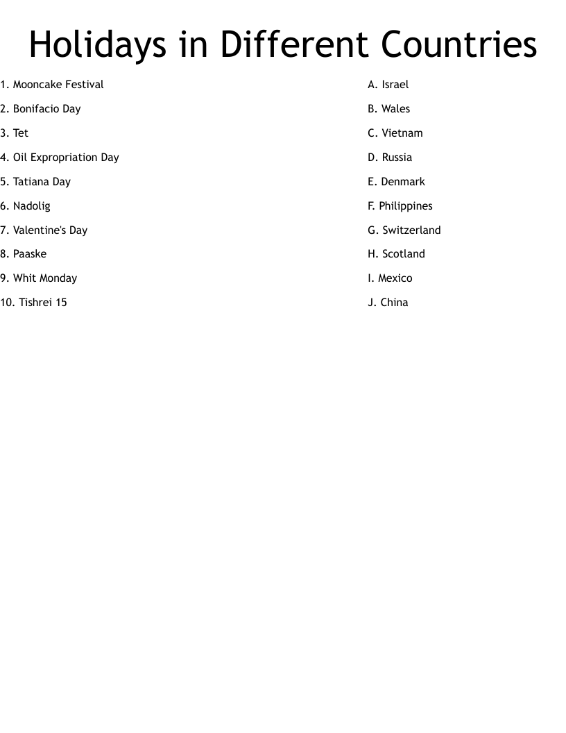 Holidays in Different Countries Worksheet