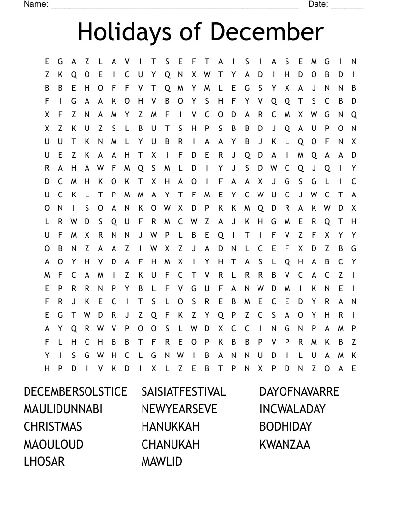 Holidays of December Word Search