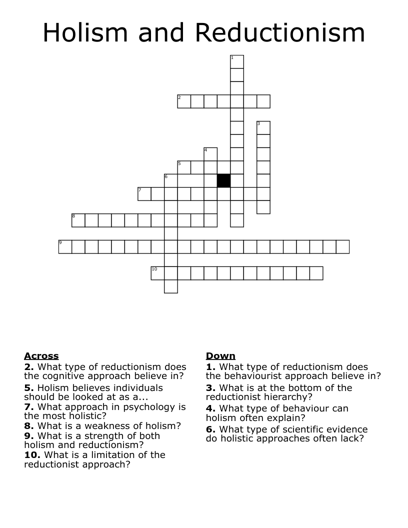 Holism and Reductionism Crossword