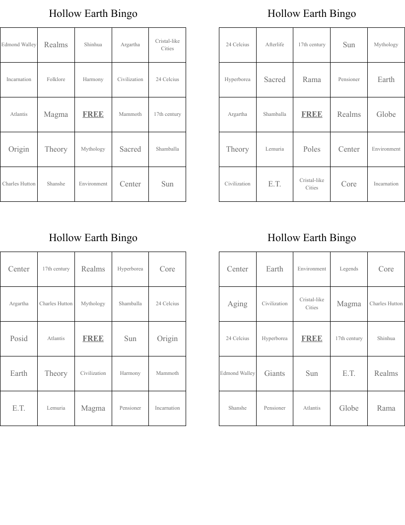 Hollow Earth Bingo