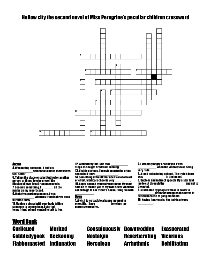 Hollow city the second novel of Miss Peregrine’s peculiar children crossword